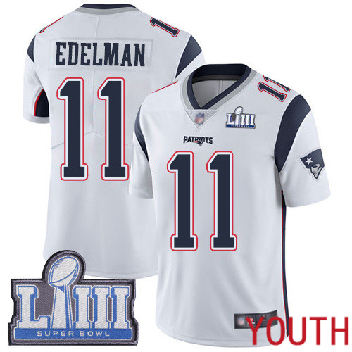 New England Patriots Football 11 Super Bowl LIII Limited White Youth Julian Edelman Road NFL Jersey
